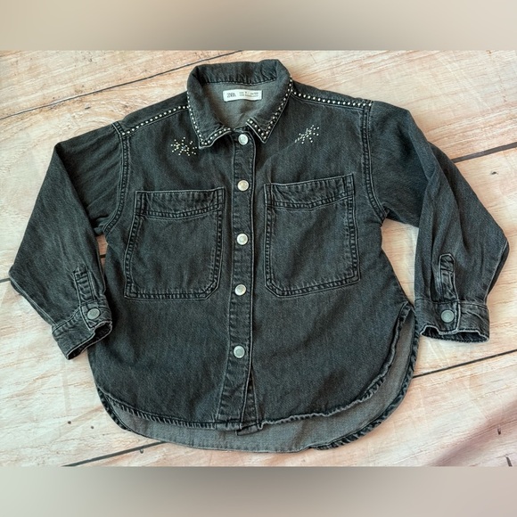 Zara Girl's Jeweled Denim Overshirt Shirt Jacket Black Size 7 - Picture 1 of 3